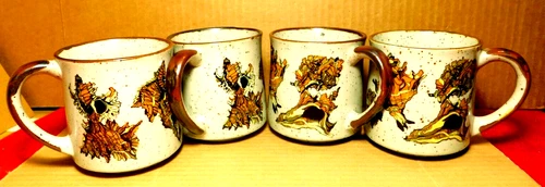 Otagiri~Style Brown Speckled Four (4) Mugs with Various Ocean Sea Shells Vintage