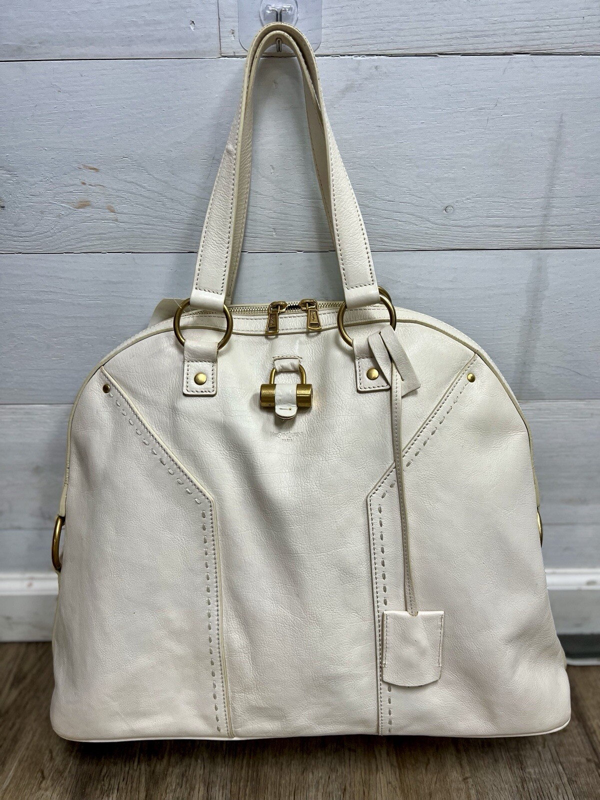 Borsa a mano YSL Yves Saint Laurent Paris Off White M in pelle grande