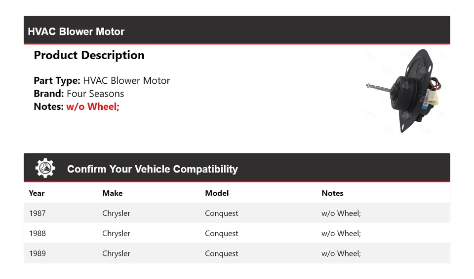Motor soplador HVAC Chrysler Conquest 1987-1989 4 estaciones 1988 Foto 2 de 4