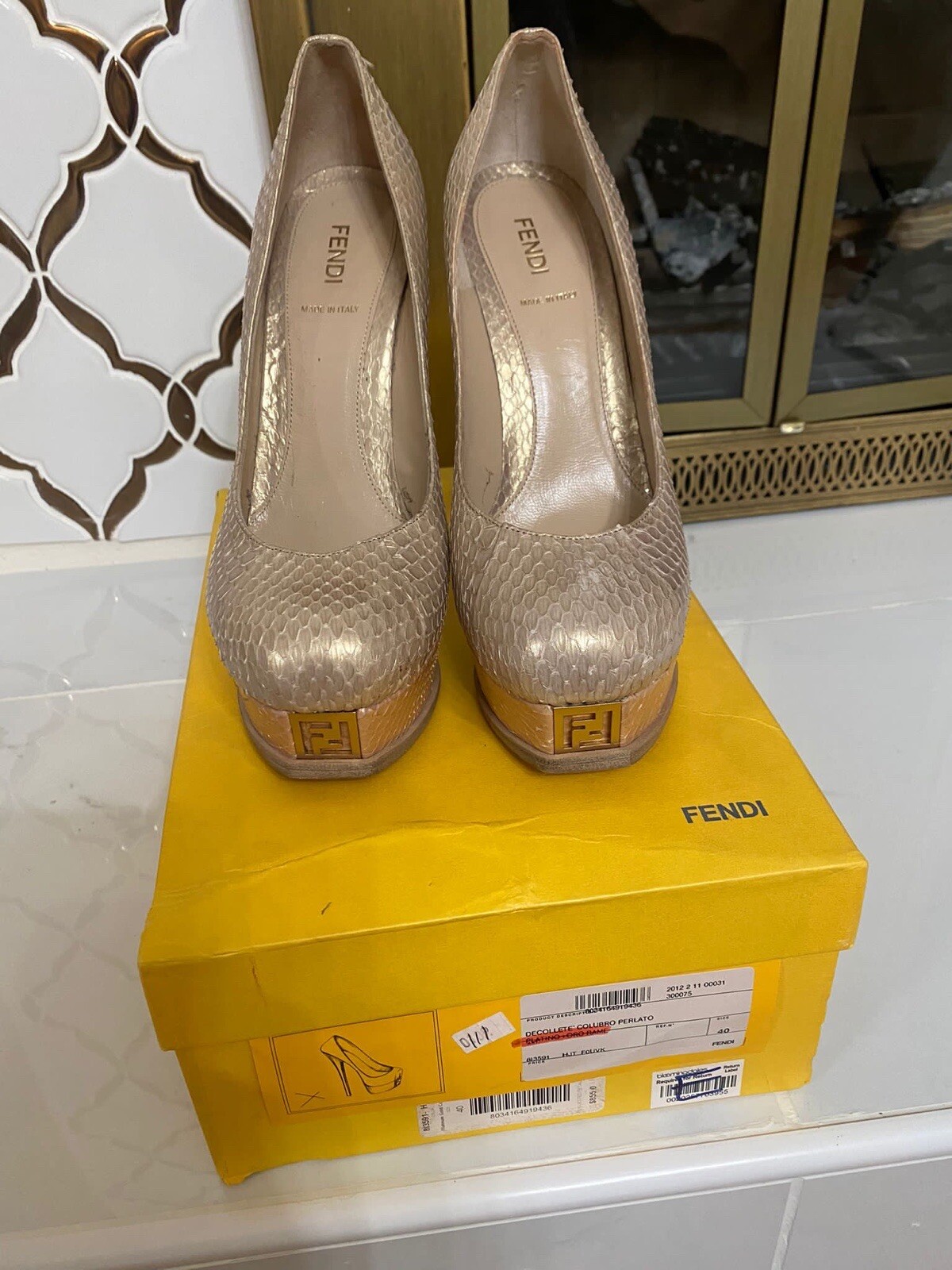 FENDI Beige Python Platform Gold Textured Snakesk… - image 2