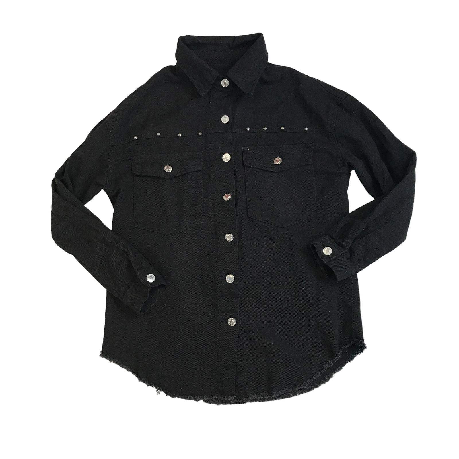 Shein Ladies Denim Shirt Jacket Shacket Black Size 6 Overshirt Raw Hem Studs