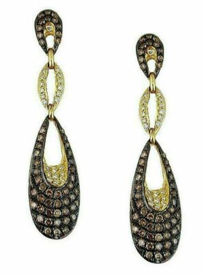 1.04CT WHITE & MOCHA DIAMOND 14KT YELLOW GOLD 3D TEAR DROP HANGING EARRINGS