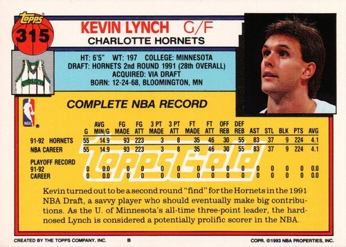 1992-93 Topps Gold #315 - Kevin Lynch - Charlotte Hornets 92-691 - Picture 2 of 2