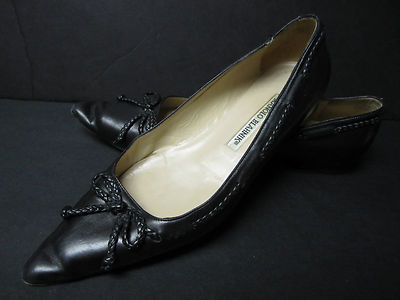 Manolo Blahnik 36 1/2 Black Leather Pointed Toe Flats Braided Trim 