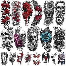 77 Sheets Skull Flower Realistic Temporary Tattoos For Women Men Adult, Large Ro