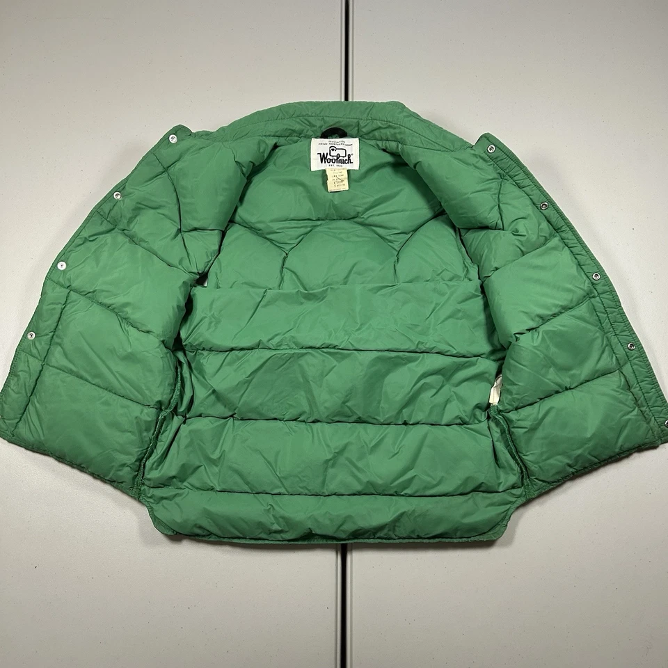 Chaleco acolchado de plumón de pato Woolrich vintage años 70 cuero verde gamuza TALLA MEDIANA Foto 3 de 4
