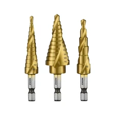 NEIKO 10181A Step Drill Bit Set, 3 Piece, Spiral Grooved for Faster Drilling, St
