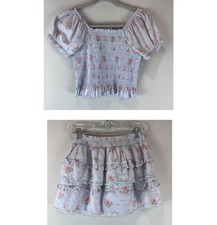 LoveShackFancy Girl/ Blue Floral Puff Sleeve Top Tiered Skirt 100 Cotton Set 14