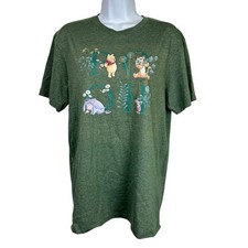 Disney Pooh Eeyore Piglet Tiger Floral Spellout Tee Shirt Green Size Med