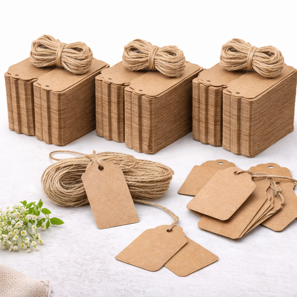 300 Pack - Kraft Brown Jewellery Tags with Jute String (5cm x 3cm)  | UK seller
