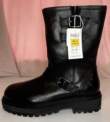 Marks and Spencer Real Leather Biker Boots Sz Black New UK