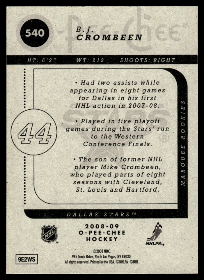 2008-09 O-Pee-Chee MARQUEE ROOKIES B.J. Crombeen Rookie Dallas Stars #540 - Image 2 of 2