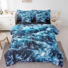Blue Ocean Bedding Sets 7 Piece Twin Sea Wave Quilt with Flat Fitted Sheet Wa...