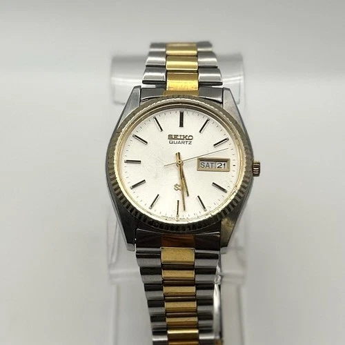 Vintage 80s Seiko SQ Quartz Two-Tone 36mm Day-Date Watch New Battery Runs Good!