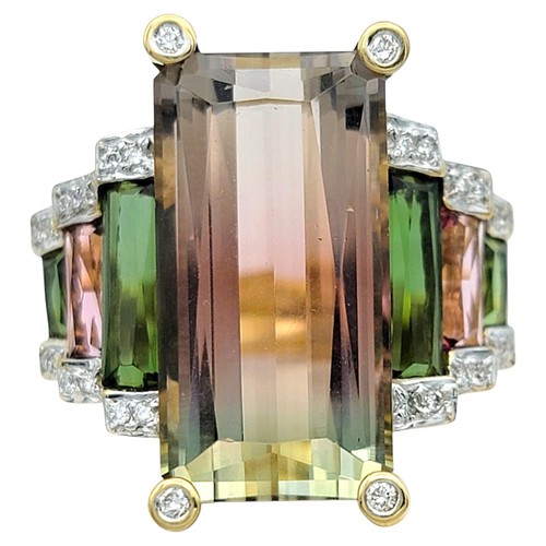 Elongated Pink and Green Bi-Color Tourmaline Cocktail Ring 18 Karat Yellow Gold