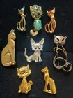VTG Lot 8 Cat Brooch Pins Warner+ Retro Costume Jewelry Golden Rhinestone FANCY!