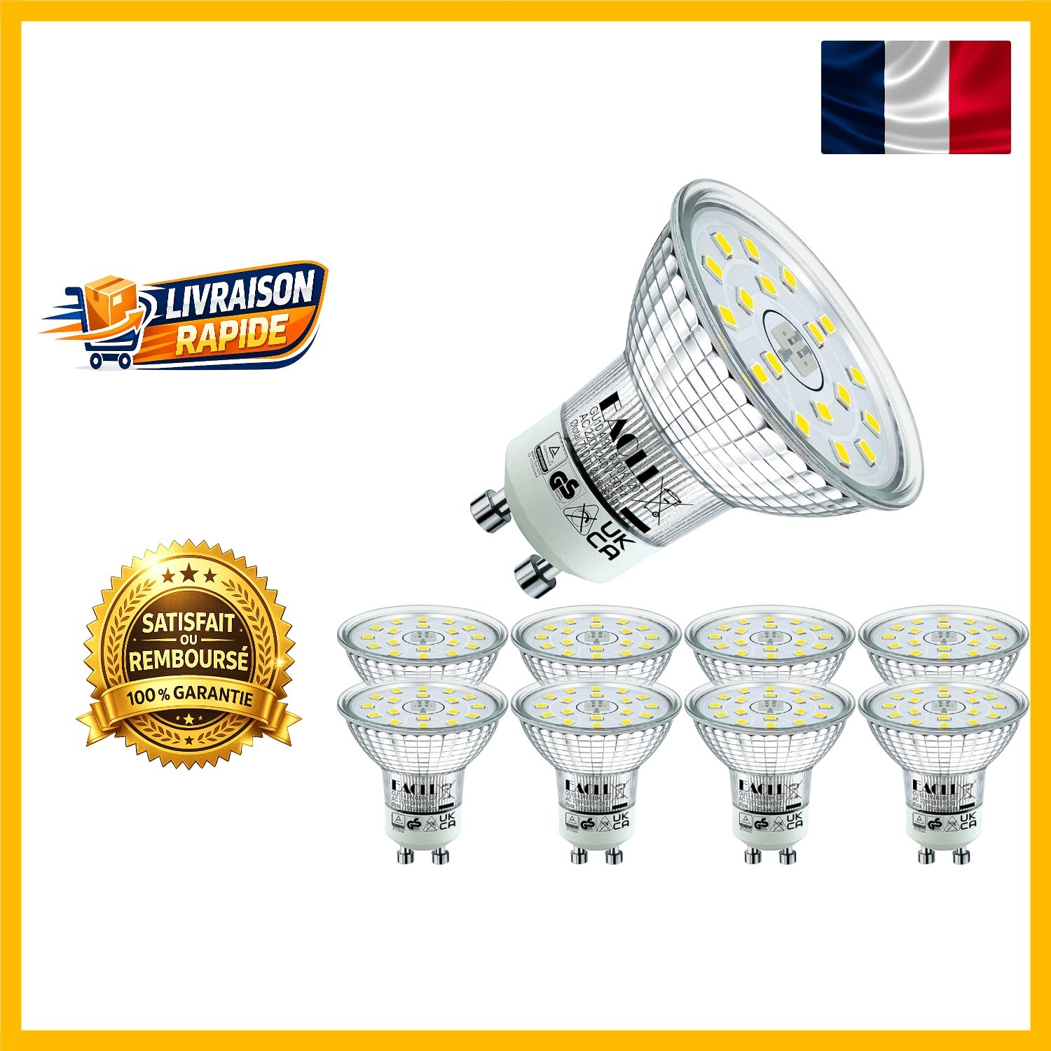 Ampoules LED GU10 585 lumens haute luminosité blanc froid économie énergie x8