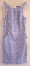 Chaps Sleeveless Sheath Dress Pockets Lined Zip Blue White Pleated Neckline 10