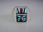 VINTAGE ZUNI STERLING SILVER & MOSAIC INLAY RING size 10 signed SB