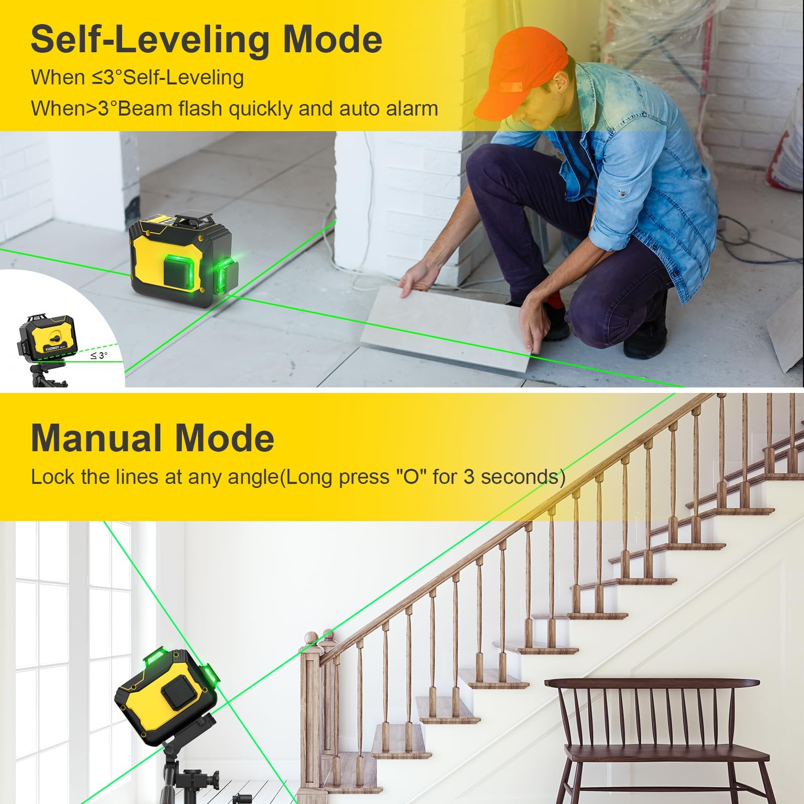 Self-Leveling Cross 12 Line Laser Level Green Line 3 x 360 Battery& Remote Contr