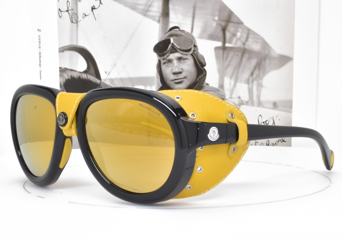 サングラス MONCLER MONCLER Black Sunglasses Yellow Leather Shield Ski Trekking