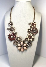 Charming Charlie Pink Floral Rhinestone Gold toned Multicolor Bib Necklace