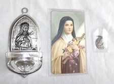 St Therese of Lisieux SPECIAL 3 Piece Holy Water Font Holy Card & Vintage Medal