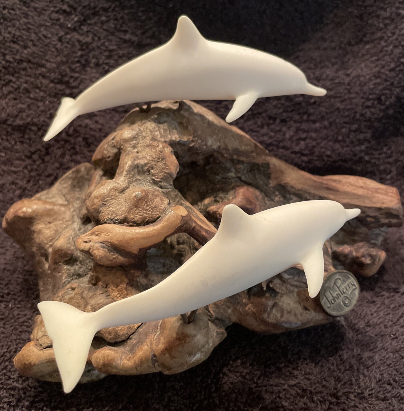 John Perry Studio Art Sculpture Figurine Pair Of Dolphins on Burl Wood Nautical