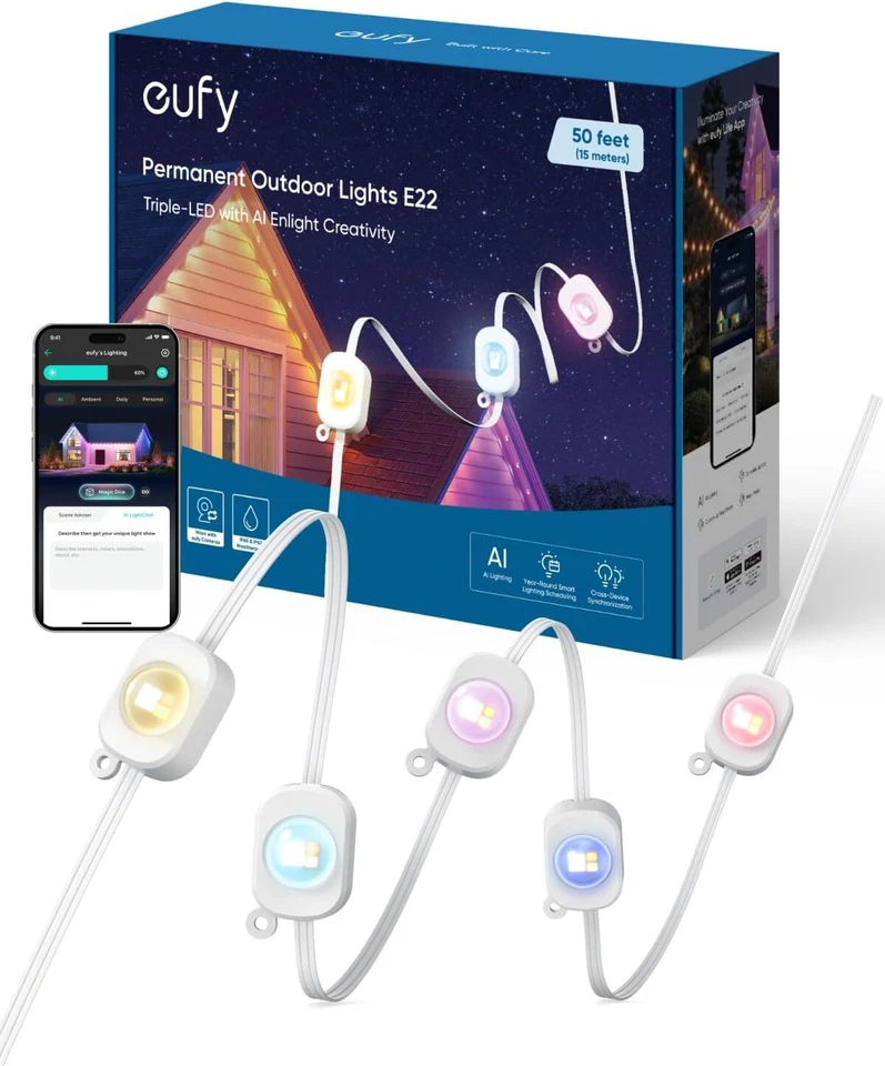 eufy Luz Exterior Permanente E22 50 ft 30 Triple LED Cadena de Iluminación Inteligente|Reacondicionado