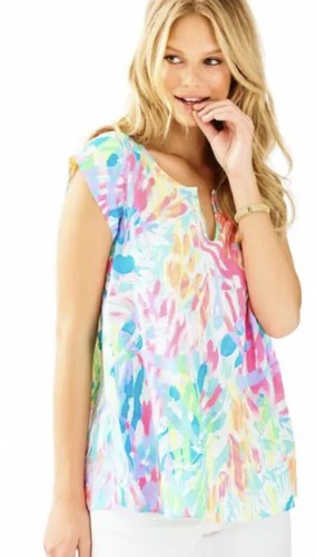 Lilly Pulitzer Shelley Top Cap Sleeve Sparkling Sands Brush Stoke Shirt M $98 - Picture 2 of 5