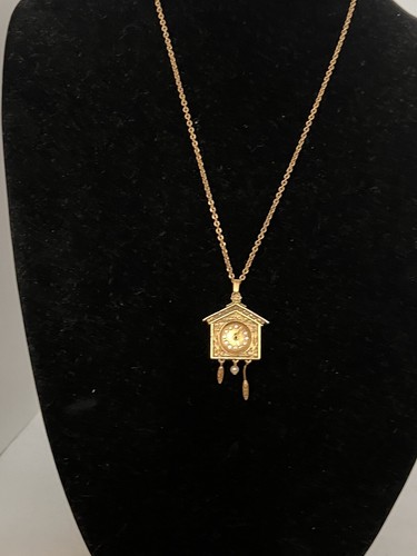 Vanda USA Cuckoo Clock Locket Necklace Solid Perfume kitsch 24”Gold Tone Vintage - Picture 6 of 12