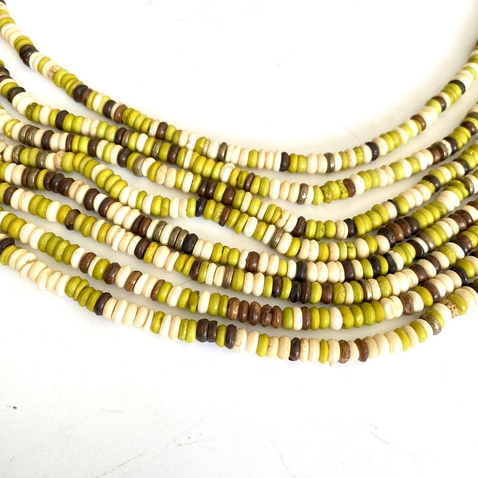 "Collar babero Chicos bohemio tribal 8 hebras verde marrón crema hueso cuentas 38""" Foto 3 de 4