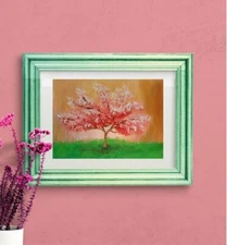 Tree Cherry Blossom Pink Sakura Landscape Acrylic Painting Original Signed 11x8