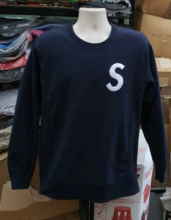 Pull pull col rond bleu marine logo SS16 Supreme S taille L grand 