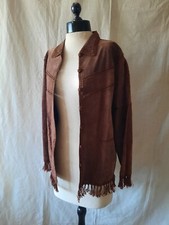 Vtg Brown Leather Jacket Embroidered Blazer Crochet Fringe Coat Boho Dressbarn S