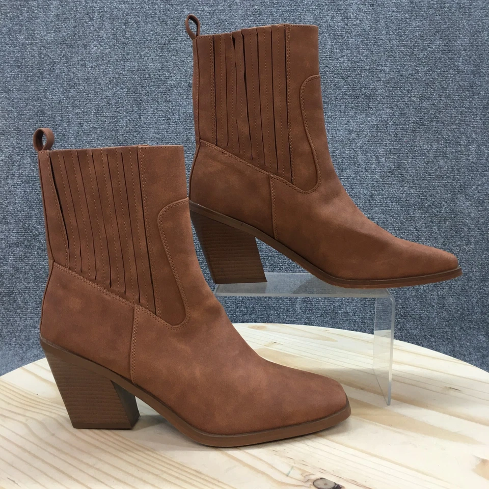 Botas femininas H by Halston 11 Charlotte biqueira quadrada tornozelo salto marrom NOVO - Imagem 2 de 4