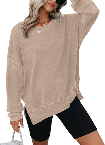 Dokotoo Womens Oversized Waffle Knit Crewneck Sweatshirts Long Sleeve Side Slits - 第 8/12 張圖片
