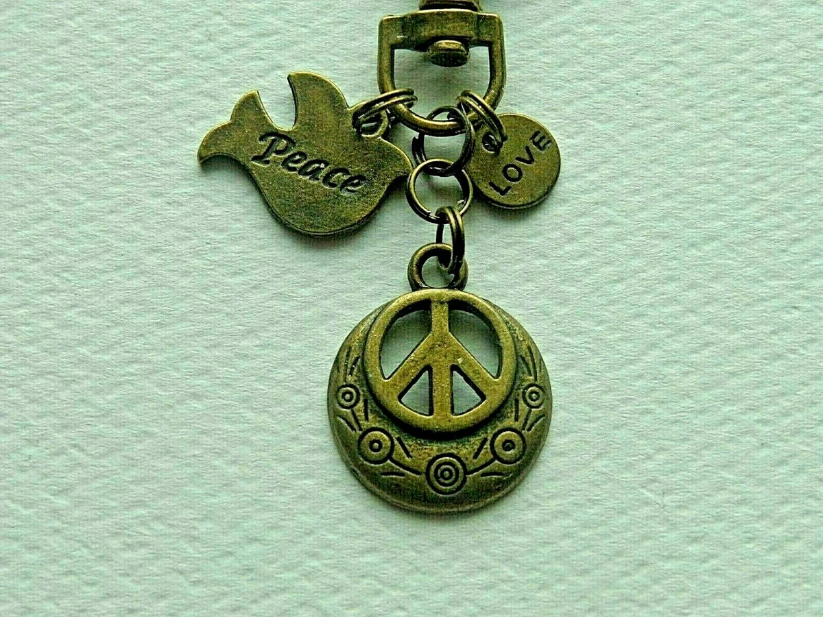 BRONZE PEACE SIGN DOVE LOVE FEATHERS KEY CHAIN PURSE CLIP CHARM
