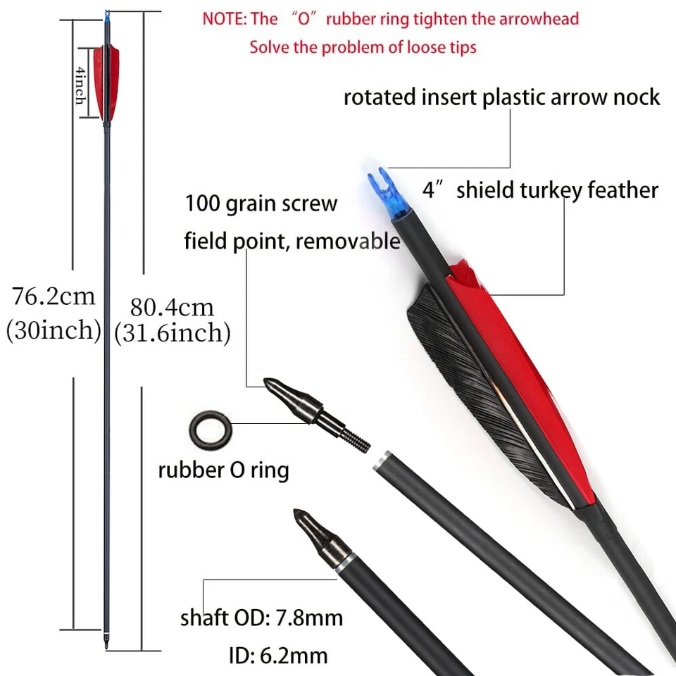 12 peças flechas de eixo de carbono 30 polegadas coluna 500 OD 7,6mm flechas de penas de peru verdadeiras - Imagem 2 de 4