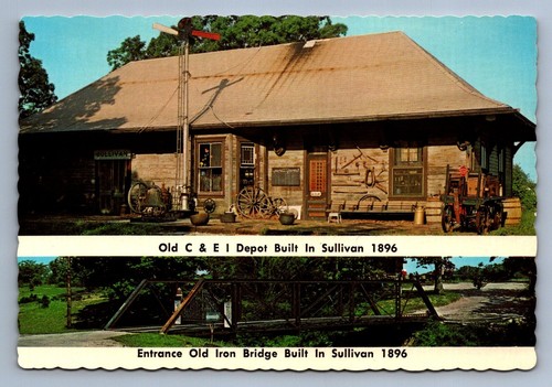 Postcard Vtg Illinois C & E I Depot Sullivan Old Iron Bridge Entrance 4x6