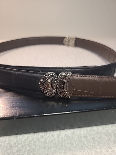 Cinturón de cuero reversible marrón/negro 44" plateado estilo suroeste XL - Imagen 6 de 13