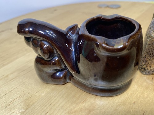 2 Vintage ELEPHANT BROWN LUSTER PIPE ASHTRAY POTTERY STONE PLANTER - Picture 4 of 10
