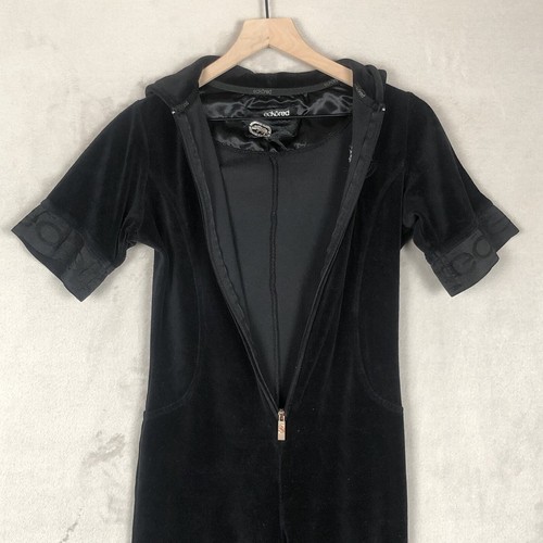 VTG Y2K ECKO Velour Hooded Jumpsuit Women's S Black S/S Zip Up Romper Streetwear - Picture 4 of 21