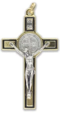 Gold Plate Black Enamel Outline Catholic St Benedict Medal 3" Crucifix Necklace