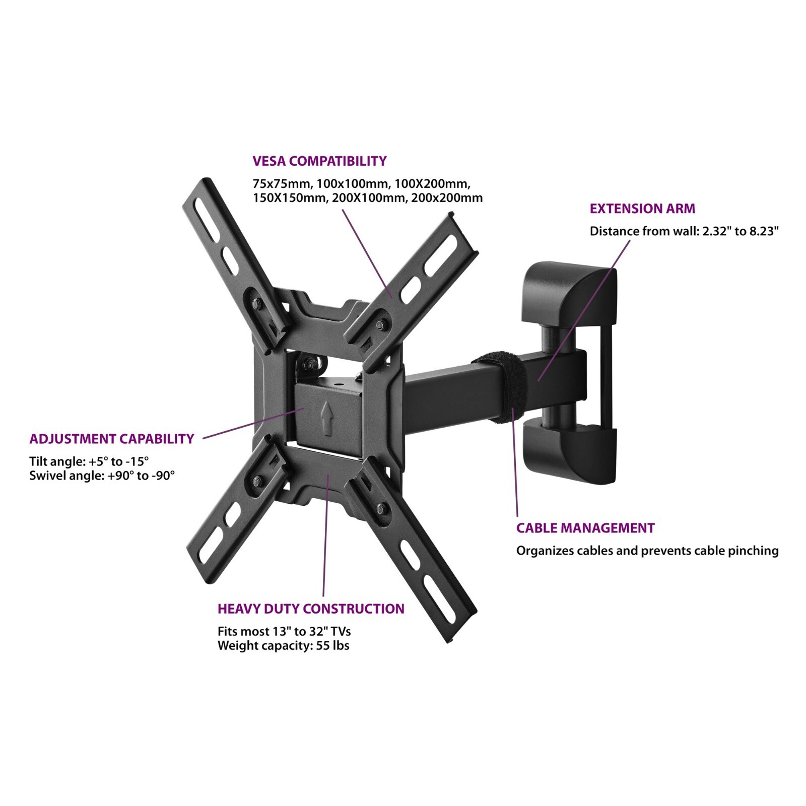 Onn Full Motion TV Wall Mount Bracket Swivel For 13 24 26 28 30 32 inch