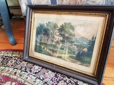 Currier And Ives: "A New England Home" Rare Original Hand Colored Lithograph
