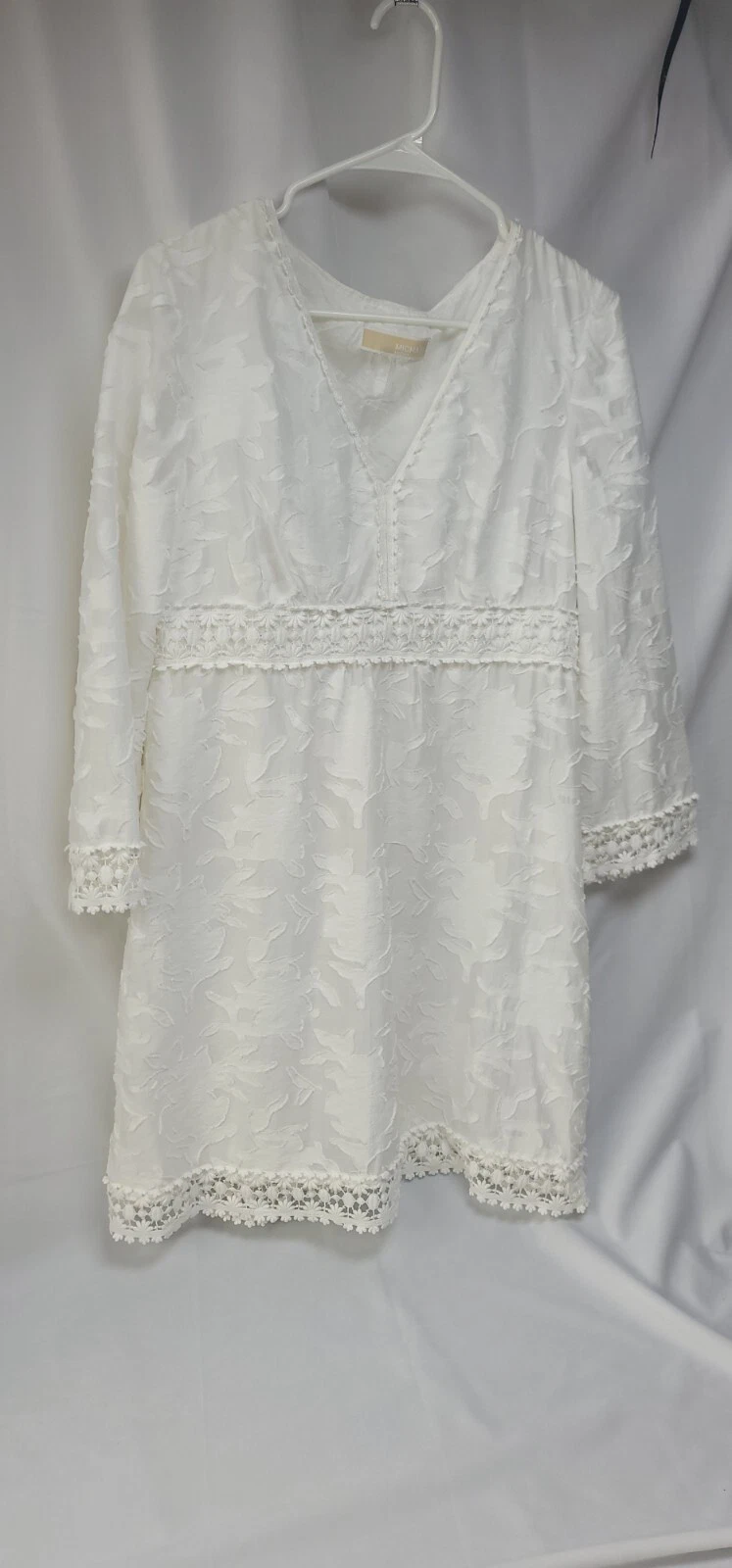 Abito donna MICHAEL KORS testurizzato bianco boho pizzo scollo a V manica 3 4 taglia 6