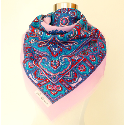 小物 Q retailor vintage scarf made in france Jim Renoir Paisley Medallion Rayon Scarf Blue w/ Pink Fringe Edge