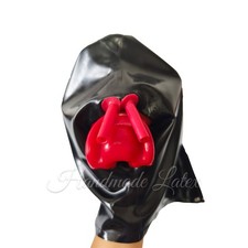 Latex Rubber Hood with Red Teeth Gag and Nose Tube Fetish Mask Cosplay Party