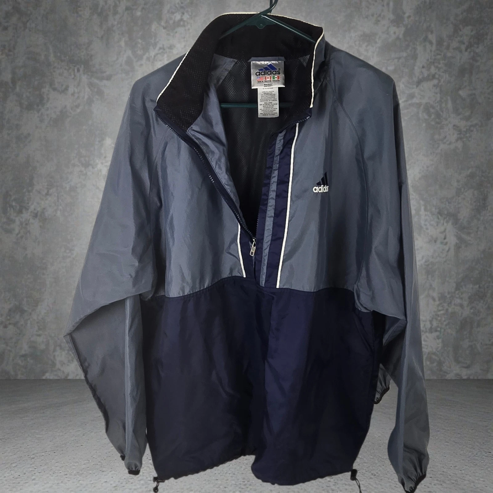 Adidas Mens Medium Vintage Windbreaker Jacket Gray Blue Half Zip Pullover